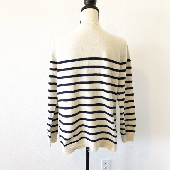 J. JILL Striped White Navy Knit Crew Neck Sweater Button Collar Womens Medium - Picture 2 of 10